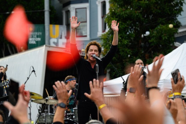 Train lead singer Pat Monahan performs on stage in front of the Mad Dog in the Fog in San Francisco on Thursday, Aug. 27, 2026. (Jose Carlos Fajardo/Bay Area News Group)