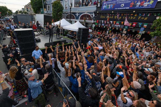 Train performs on stage in front of the Mad Dog in the Fog in San Francisco on Thursday, Aug. 27, 2026. (Jose Carlos Fajardo/Bay Area News Group)