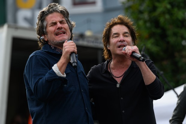 Train lead vocalist Pat Monahan, right, performs on stage with Matt Nathanson in front of the Mad Dog in the Fog in San Francisco on Thursday, Aug. 27, 2026. (Jose Carlos Fajardo/Bay Area News Group)
