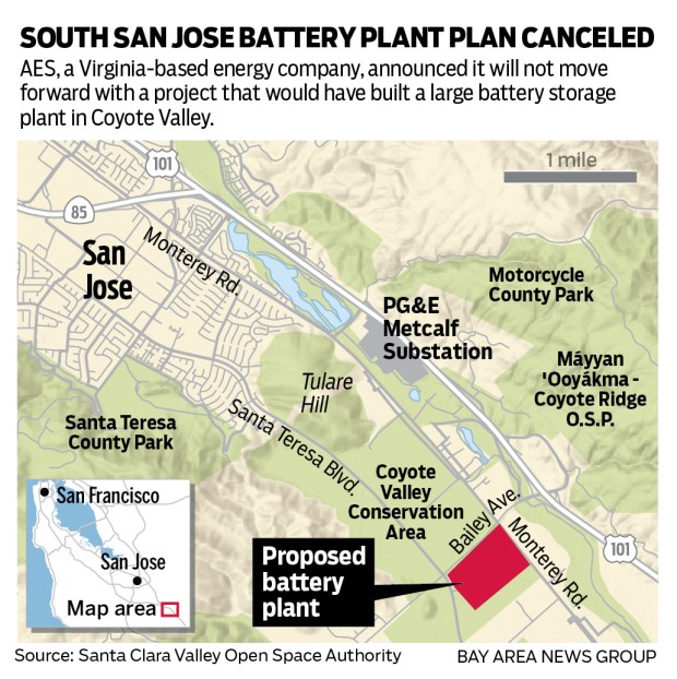 This is a map that shows the location -- in the Coyote Valley South of San Jose -- where a Virginia-based energy company announced it has abandoned a project that would have built one of the largest battery storage plants in California.