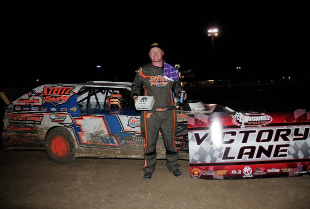 Bakersfield's Tyler Bannister celebrates his IMCA Modifieds win at Watsonville Speedway's Terry Traub Memorial on Friday night. (Top Dawg Photos)