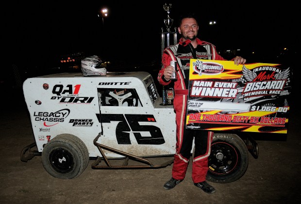 Salinas' Camron Diatte celebrates after his South Bay Dwarf Cars win at Watsonville Speedway on Friday night. (Top Dawg Photos)