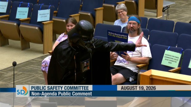 During a Public Safety Committee meeting in early August, a resident donned a Darth Vader costume to praise the implementation of ALPR technology. (City of San Diego)