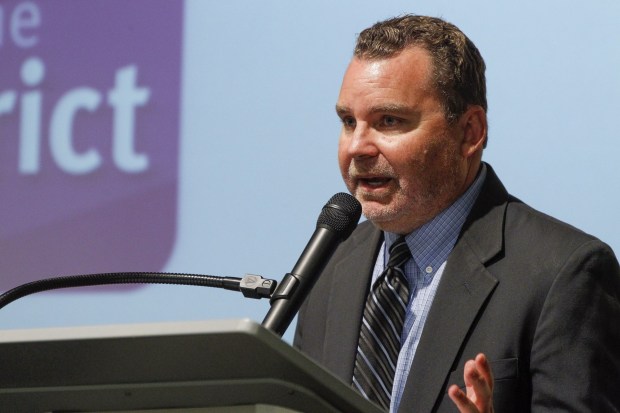 San Diego Unified board president Richard Barrera speaks during the State of the District address at Sherman Elementary School in San Diego in 2017. (Hayne Palmour IV / San Diego Union-Tribune)