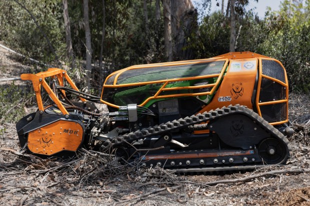 Chula Vista, CA - A Flailbot operated by the City of Chula Vista sits near the city's Public Works office on Thursday, Aug. 6, 2026, in Chula Vista, CA, after undergoing repairs. (Luke Johnson / The San Diego Union-Tribune)