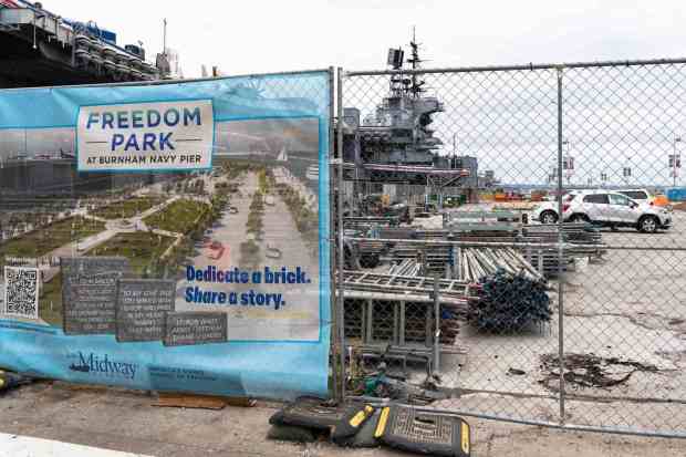 The McGrath Freedom Park at Burnham Navy Pier being built next to the USS Midway on August 13, 2026, in San Diego, CA. (Brandon Pollard / The San Diego Union-Tribune)