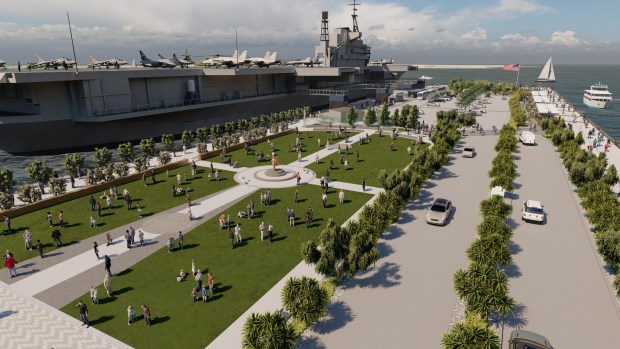 A rendering of the east end of the planned Freedom Park alongside the USS Midway Museum. (USS Midway)