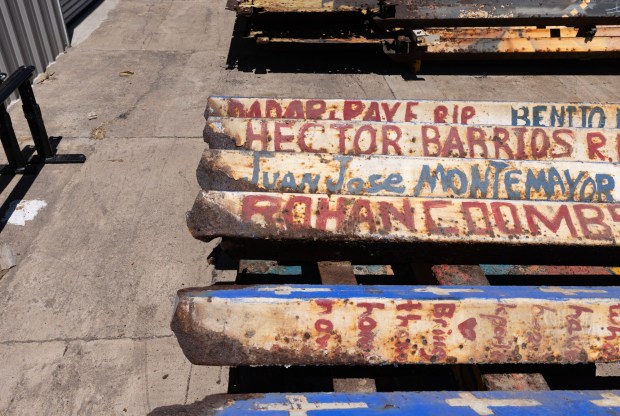 Chula Vista, CA - Pieces of the old US and Mexico border wall sit ready to be transformed into artwork on Monday, Aug. 17, 2026, at Michael Leaf's metal workshop in Chula Vista, CA. (Luke Johnson / The San Diego Union-Tribune)