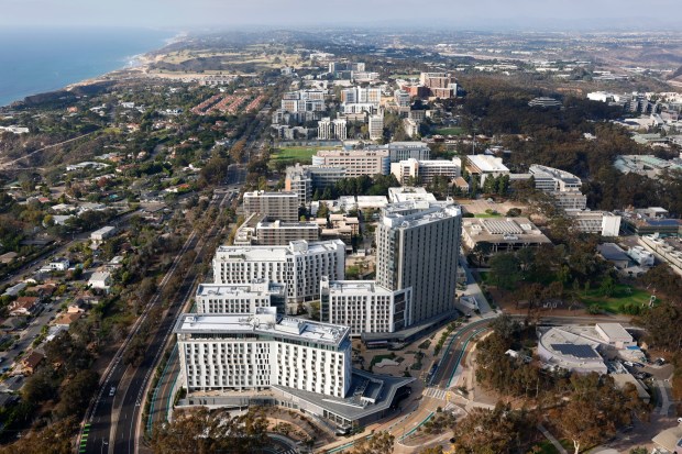 San Diego, CA - October 7: In an aerial photo, new student housing high rises at UC San Diego are seen on October 7, 2025 in San Diego, CA. (K.C. Alfred / The San Diego Union-Tribune)
