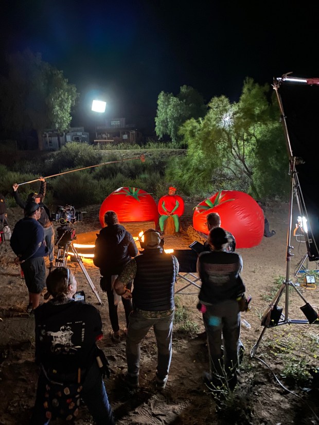 Crew members film the fifth movie of the "Attack of the Killer Tomatoes" series, "Attack of the Killer Tomatoes: Organic Intelligence." (Steve Peace)