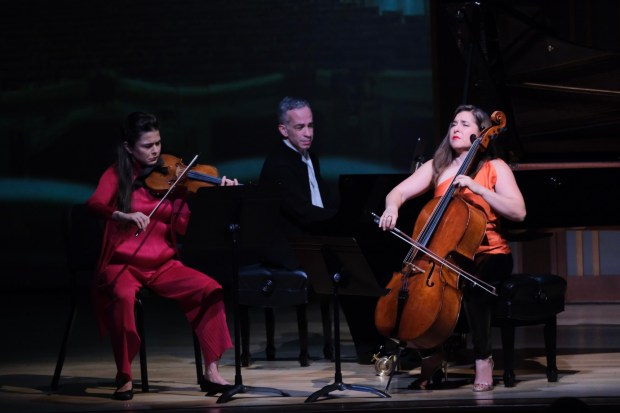 Violinist Karen Gomyo, pianist Inon Barnatan and cellist Alisa Weilerstein are shown performing at Friday's opening concert of the 40th anniversary edition of La Jolla Music Society's SummerFest. The four-week fete will run through Aug. 29. (Ken Jacques / Courtesy La Jolla Music Society)