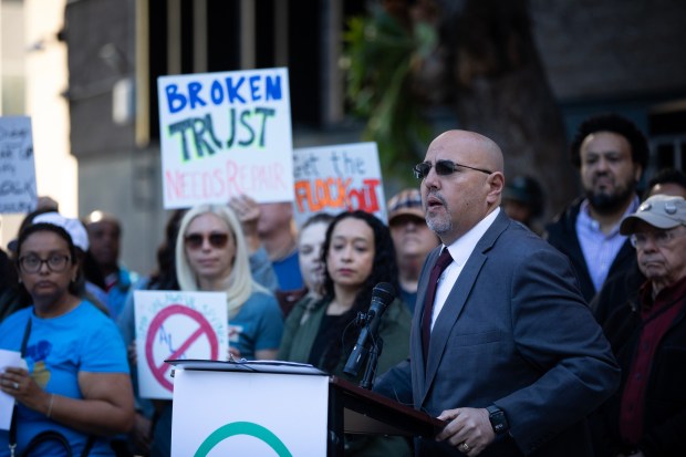Councilmember Henry Foster III speaks during a press conference against the use of automated license plate readers on Dec. 4, 2025, in San Diego. (Ana Ramirez / The San Diego Union-Tribune)