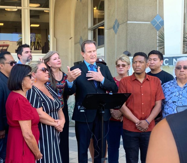 National City Mayor Ron Morrison announces his decision not to seek reelection, ending a decades-long career at National City Hall on Saturday morning. (Jeff McDonald / The San Diego Union-Tribune)