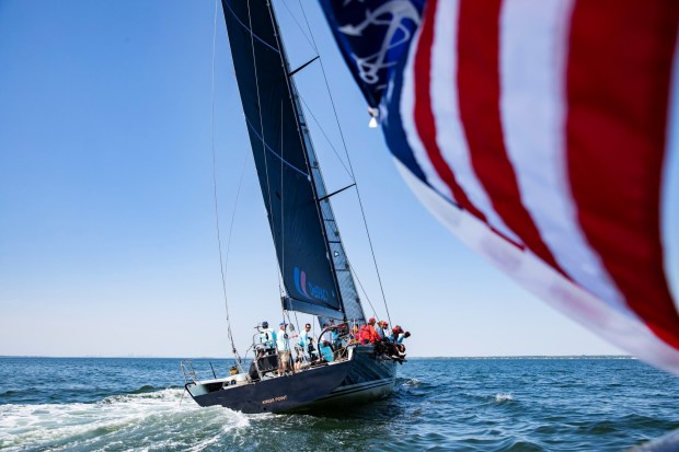 The former Mighty Mary crew members sailing together at a 2025 reunion in Oyster Bay, New York, while filming on location for the documentary. (Richard Schultz. Courtesy of 50 Eggs.)