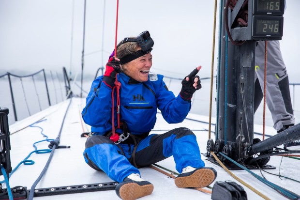 World Champion Suzy Leech laughing on deck at a 2025 reunion in Oyster Bay, New York, while filming on location for the "Mighty Mary" documentary. (Richard Schultz. Courtesy of 50 Eggs.)