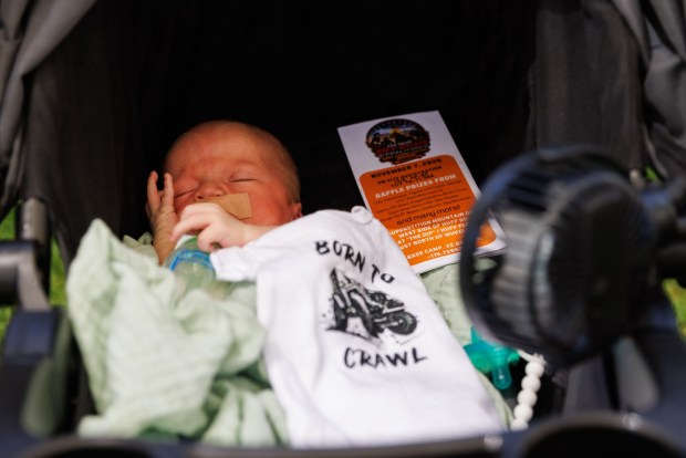 San Diego, California - 7-week-old Wyatt Olson, of Lake Side, cools off with a small fan attached to his stroller at the Ramona Country Fair on Saturday, August 1, 2026.(Kristian Carreon / The San Diego Union-Tribune)