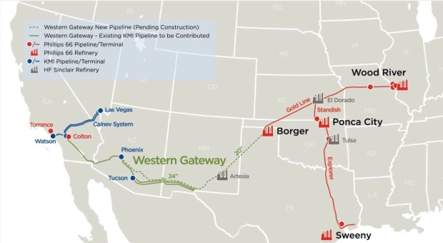 The proposed route for the Western Gateway Pipeline, a project planned by Phillips 66, Kinder Morgan and HF Sinclair. (Map from Phillips 66)