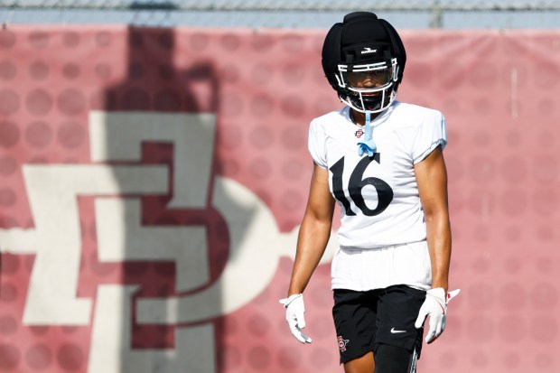 San Diego State safety Jelani Whitmore is back on the field after tearing knee ligmants a year ago. (Meg McLaughlin / The San Diego Union-Tribune)