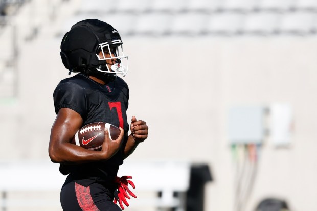 San Diego State running back Lucky Sutton's touches were limited to drills before scrimmage at Snapdragon Stadium on Saturday, Aug. 15, 2026 in San Diego, California. (Meg McLaughlin / The San Diego Union-Tribune)