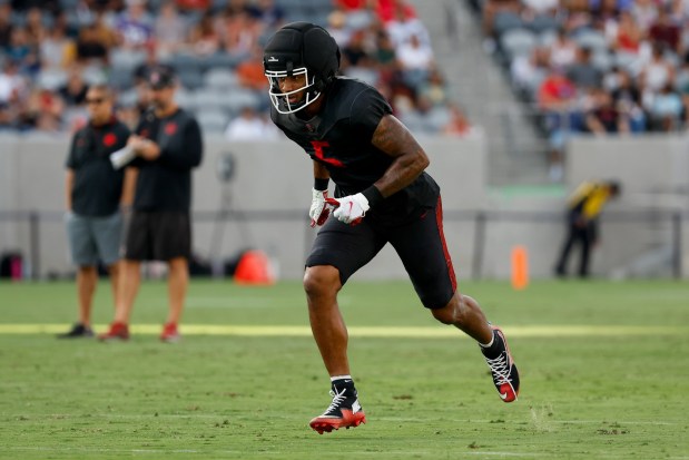 San Diego State wide receiver Bert Emanuel Jr. participates in drills during scrimmage at Snapdragon Stadium on Saturday, Aug. 15, 2026 in San Diego, California. (Meg McLaughlin / The San Diego Union-Tribune)