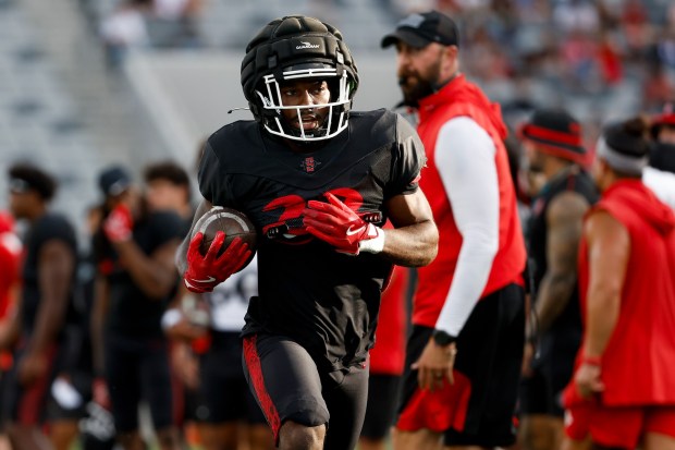 San Diego State running back Josiah Lucas had the longest scoring play of the scrimmage with a 26-yard touchdown run. (Meg McLaughlin / The San Diego Union-Tribune)