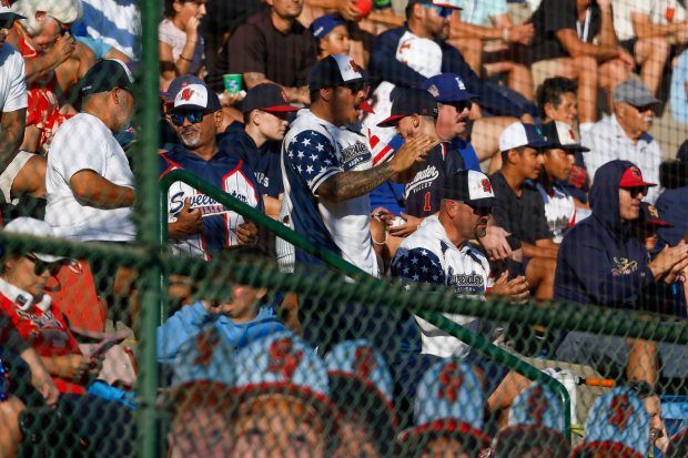 Sweetwater Valley fans cheer during the Little League West Regional final at Al Houghton Stadium against Hawaii on Friday, Aug. 14, 2026 in San Bernardino, California. (Meg McLaughlin / The San Diego Union-Tribune)