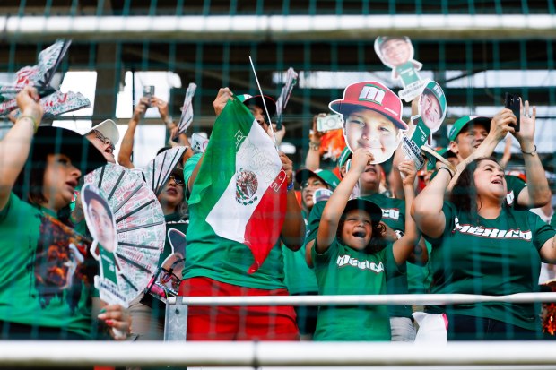 Mexico fans cheer during the Little League World Series Opening Ceremonies at Little League International Complex on Wednesday, Aug. 19, 2026 in Williamsport, Pennsylvania. (Meg McLaughlin / The San Diego Union-Tribune)