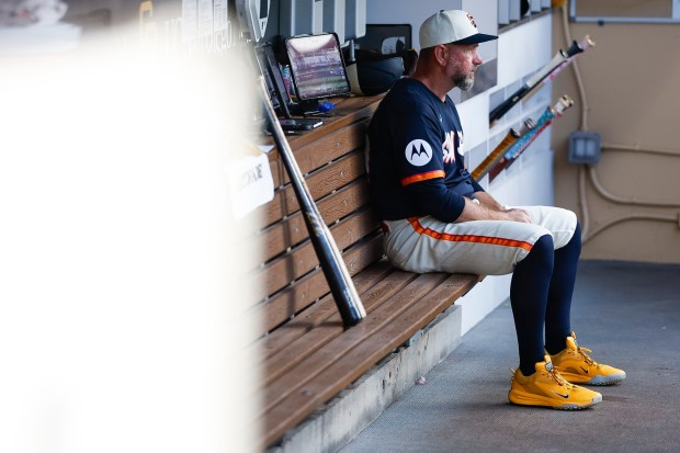 Bob Henley of the San Diego Padres looks on in the dugout before the game against the San Francisco Giants at Petco Park on Friday, July 31, 2026 in San Diego, California. (Meg McLaughlin / The San Diego Union-Tribune)