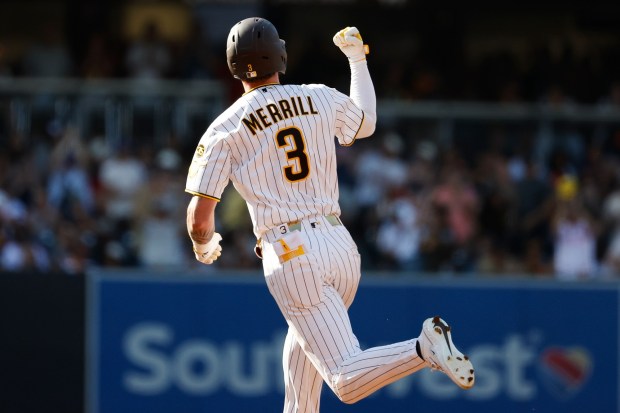 Jackson Merrill #3 of the San Diego Padres rounds the bases after a home run against the Houston Astros during the third inning at Petco Park on Saturday, Aug. 8, 2026 in San Diego, California. (Meg McLaughlin / The San Diego Union-Tribune)