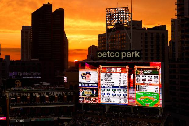 The sun sets during the fourth inning of the San Diego Padres game against the Milwaukee Brewers at Petco Park on Monday, Aug. 10, 2026 in San Diego, California. (Meg McLaughlin / The San Diego Union-Tribune)