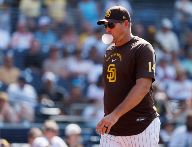 San Diego, CA - August 26: Manager Craig Stammen of the San Diego Padres walks back to the dugout against the Pittsburgh Pirates at Petco Park on August 26, 2026 in San Diego, CA. (K.C. Alfred / The San Diego Union-Tribune)