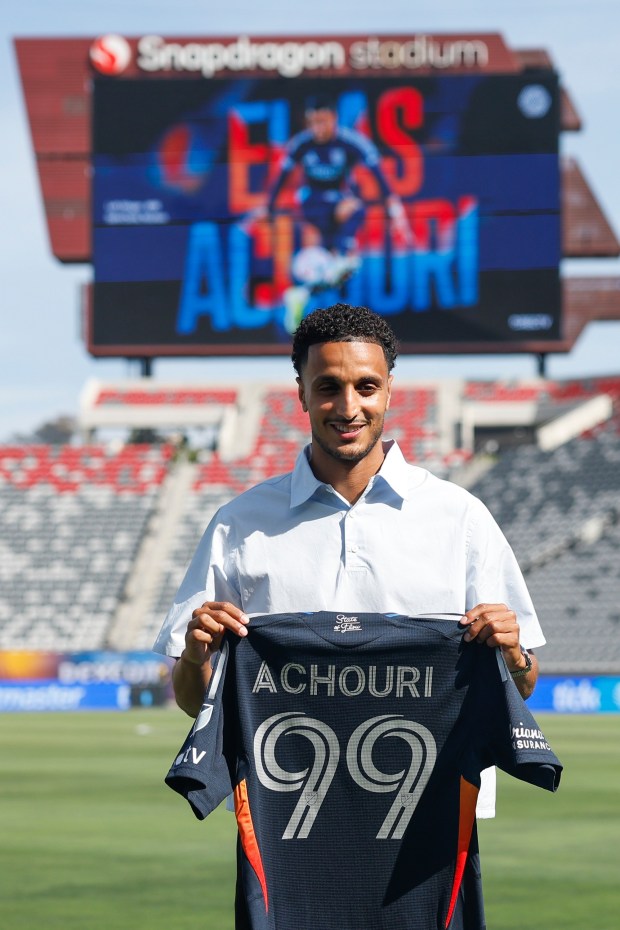 Elias Achouri poses for a photo after a press conference before the San Diego FC match against FC Dallas at Snapdragon Stadium on Saturday, July 25, 2026 in San Diego, California. (Meg McLaughlin / The San Diego Union-Tribune)