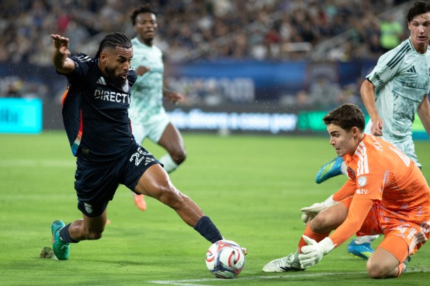 San Diego Football Club's, Anibal Godoy (20) faces Colorado Rapids goalkeeper, Nicolas Hansen (41)  during Saturday's MLS match against the Colorado Rapids at Snapdragon Stadium in San Diego, CA. (Xavier Hernandez for the UT)