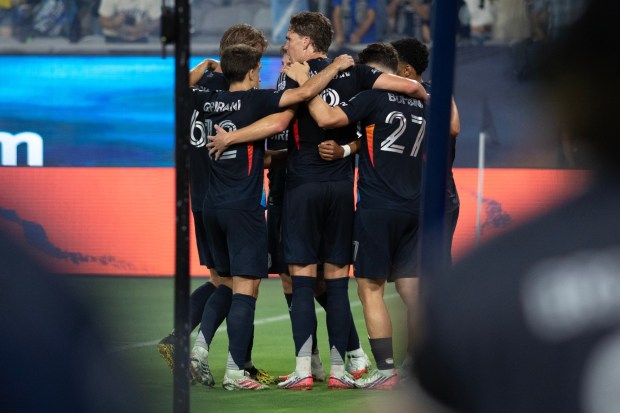 SDFC celebrates scoring a goal during Saturday's MLS match against the Colorado Rapids at Snapdragon Stadium in San Diego, CA. (Xavier Hernandez for the UT)