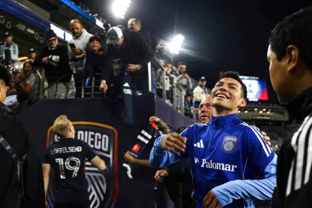 San Diego FC midfielder Chucky Lozano smiles at fans after their match against the Seattle Sounders at Snapdragon Stadium on Saturday, April 5, 2025 in San Diego, CA. (Meg McLaughlin / The San Diego Union-Tribune)