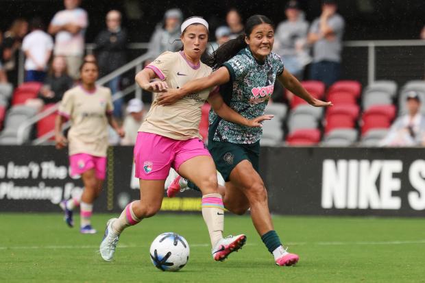 The San Diego Wave's Lia Godfrey, left, battles a Washington Spirit defender during Sunday's 1-0 win over at Audi Field in Washington, D.C. (San Diego Wave)