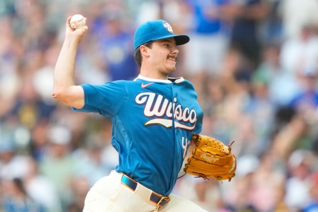 Milwaukee Brewers pitcher Logan Henderson throws during the first inning of a baseball game against the Miami Marlins, Friday, July 17, 2026, in Milwaukee. (AP Photo/Kayla Wolf)
