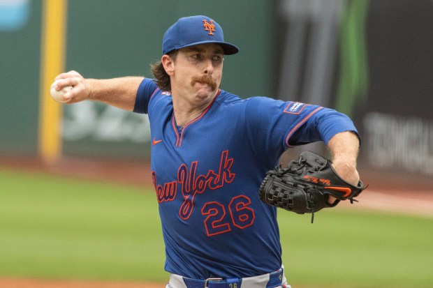 New York Mets starting pitcher Nolan McLean delivers against the Cleveland Guardians during the first inning of a baseball game, Thursday, Aug. 6, 2026, in Cleveland. (AP Photo/Phil Long)