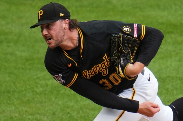 Pittsburgh Pirates pitcher Paul Skenes delivers during the third inning of a baseball game against the Detroit Tigers in Pittsburgh, Wednesday, Aug. 19, 2026. (AP Photo/Gene J. Puskar)
