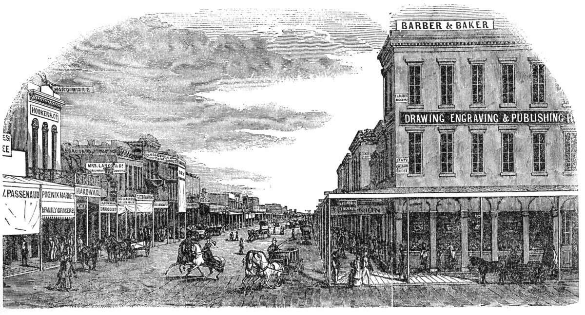 A view of J Street at Third Street in downtown Sacramento in the early 1850s.