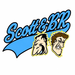 Cartoon logo reading “Scott & BK” in bold blue script, with a blue swoosh and two humorous caricature heads outlined in yellow and black.