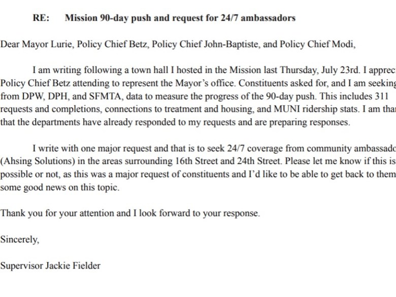A letter from Supervisor Jackie Fielder requesting 24/7 ambassadors and reporting on mission improvement efforts, addressed to city officials including the mayor and police chief.