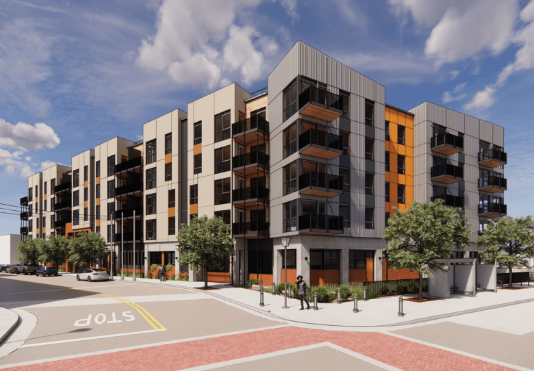 rendering of gray and orange building