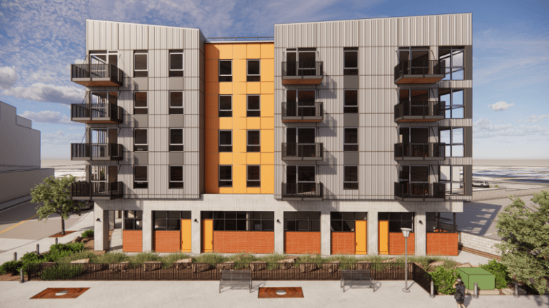 rendering of boxy gray and orange building with slanted roof