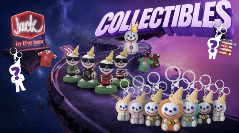 Promotional graphic for Jack in the Box collectibles, featuring cheerful alien keychains and figurines on a purple space platform.