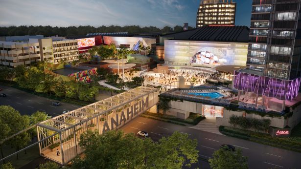 A rendering of OCVIBE’s planned South Plaza and Katella Bridge in Anaheim, Calif.
