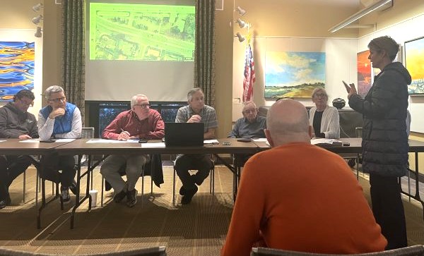 Shauna Wills (right), a Muirlands Middle School parent and chairwoman of Muirlands' School Site Council and Site Governance Team, speaks at the La Jolla Traffic & Transportation Board meeting Jan. 20 about pedestrian safety measures Muirlands can take to ensure students safety. (Noah Lyons)