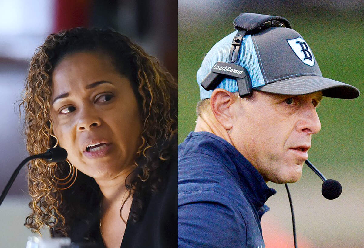 Fresno Unified School Board member Keisha Thomas, left, with former Bullard High football coach Donnie Arax, right, in a composite photo.