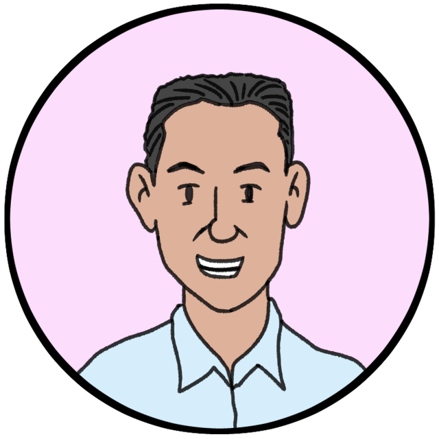 Cartoon illustration of a smiling man with short dark hair, wearing a light blue collared shirt, inside a circular frame with a pink background.