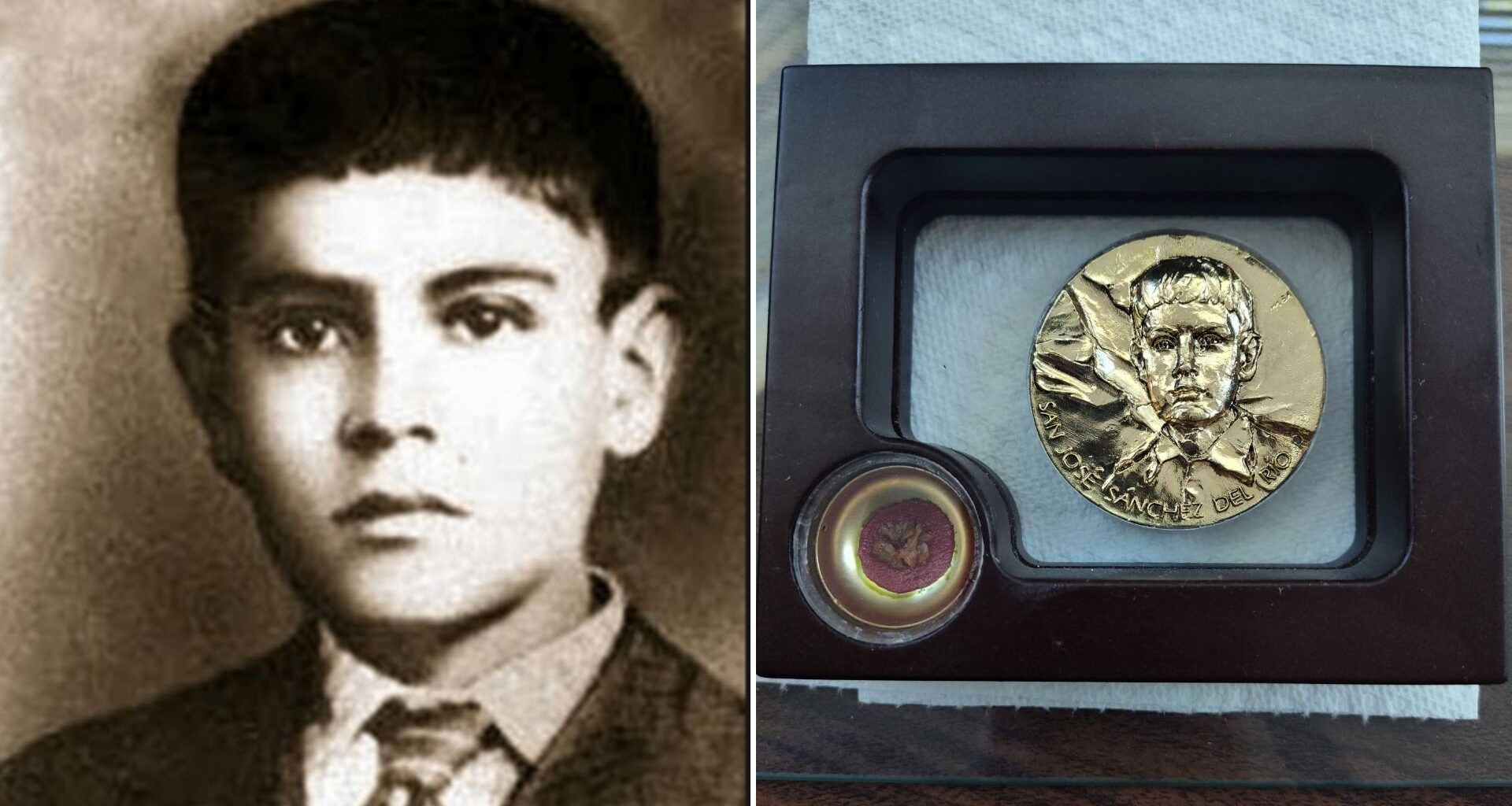Photograph of San José Sánchez del Río as a child and of the saint's first-class relic, preserved in a reliquary.